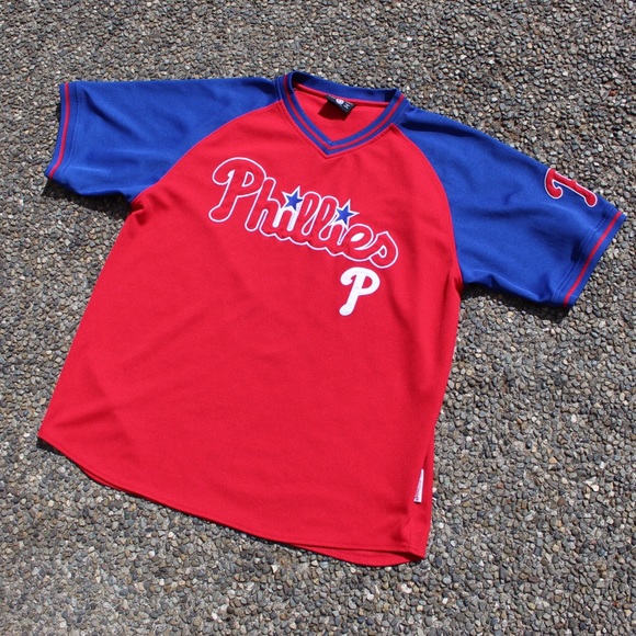 Men's Stitches White Philadelphia Phillies Cooperstown Collection V-Neck  Jersey